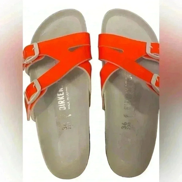 NEW BIRKENSTOCK YAO Balance Birko Flor Leather Sandal NEON ORANGE - Picture 7 of 8